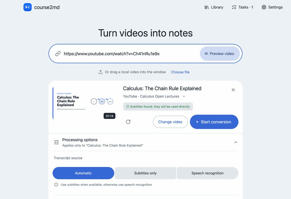 course2md Home with a previewed video and its processing options