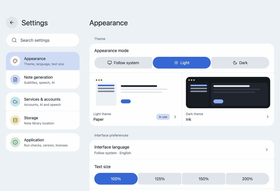 Appearance settings with theme previews