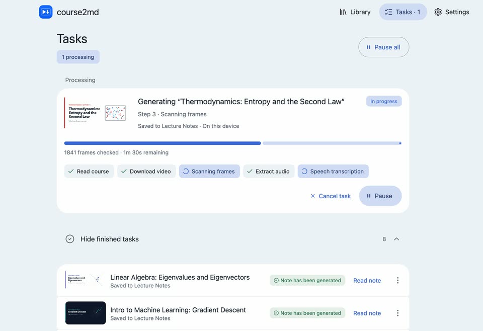 Tasks page with a conversion in progress